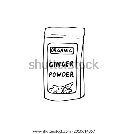 Vector hand drawn illustration of organic ginger powder. Ginger powder in sachet