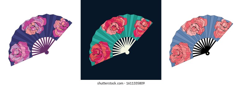  Vector of hand drawn illustration Oriental japan fan set isolated. Traditional paper chinese or japanese folding fans.