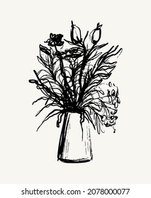 Vector hand drawn illustration os still life  with floral elements . Creative artwork. Template for card, poster, banner, print for t-shirt, pin, badge, patch.