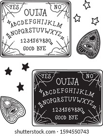 Vector hand drawn illustration of Ouija board and planchette. Magic symbols: stars, eye, clouds. Flat and cartoon style. For print design, tattoo, stickers, badges.