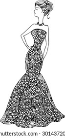 Vector hand drawn illustration of an outline lady in ornamental dress decorated with abstract doodles