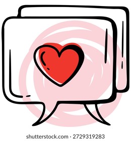 Vector hand drawn illustration of overlapping dialogue clouds with a large red heart in the center. Concept for mutual affection, romantic texting, instant messaging between lovers, and staying in touch in long distance relationships. Minimalist sketchy style on white.