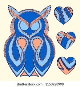 Vector hand drawn illustration of an owl character with an intricate ornamental border decoration and keyhole elements for coloring, books, children
