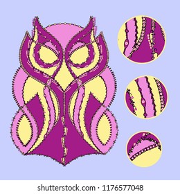Vector hand drawn illustration of an owl character with an intricate ornamental border decoration and keyhole elements for coloring, books, children