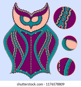 Vector hand drawn illustration of an owl character with an intricate ornamental border decoration and keyhole elements for coloring, books, children