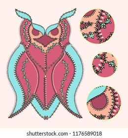 Vector hand drawn illustration of an owl character with an intricate ornamental border decoration and keyhole elements for coloring, books, children