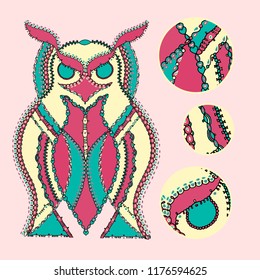 Vector hand drawn illustration of an owl character with an intricate ornamental border decoration and keyhole elements for coloring, books, children