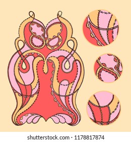Vector hand drawn illustration of an owl character with an intricate ornamental border decoration and keyhole elements for coloring, books, children