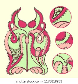 Vector hand drawn illustration of an owl character with an intricate ornamental border decoration and keyhole elements for coloring, books, children