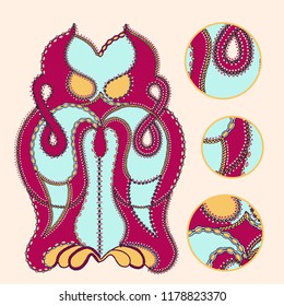 Vector hand drawn illustration of an owl character with an intricate ornamental border decoration and keyhole elements for coloring, books, children