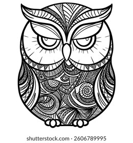 Vector hand drawn illustration of an owl. Zen doodle and zen tangle drawing with a pattern, anti-stress coloring, mosaic. This artwork reflects creativity and artistry, perfect for coloring