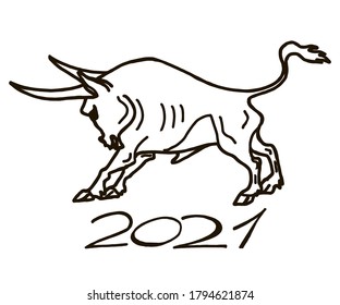 Vector hand drawn illustration of a ox symbol of 2021 on the Chinese calendar. 