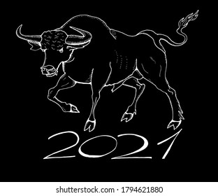 Vektorhandgezeichnete Illustration eines oxen Symbols von 2021 auf dem chinesischen Kalender. 