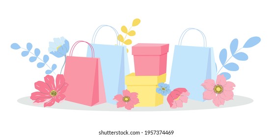 vector hand drawn illustration - packages and boxes with purchases and flowers. spring shopping, seasonal discounts. trend illustration in flat style