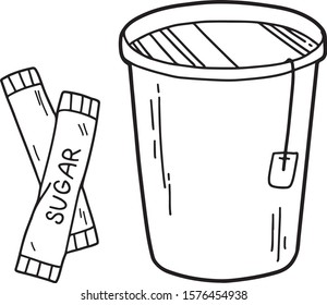 Vector hand drawn illustration of paper cup with tea bag and sugar sticks. Flat cartoon style, isolated on white background. For print, menu, cafe, restaurant, market.  