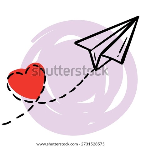 Vector hand drawn illustration of a paper airplane flying, leaving a dashed heart trail. Concept for sending love messages, long distance relationships, romantic mail, travel, or connection between lovers. Isolated on white.