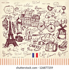 Vector hand drawn illustration with Paris symbols