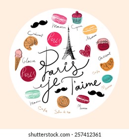 Vector hand drawn illustration with Paris symbols. Paris je T'aime