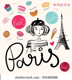 Vector hand drawn illustration with Paris symbols. 