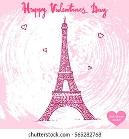 Vector hand drawn illustration of Paris Eiffel Tower, text Happy Valentines Day on background with paper texture. Love in Paris, Eiffel Tower isolated sketch. Linear art in vintage style for design.