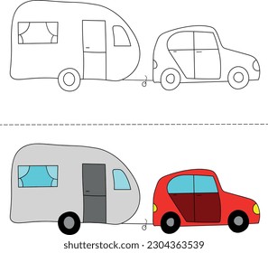 Vector hand drawn illustration. Passenger car with trailer camper. Vacation, trip, vacation trip. Hand drawing, colored, outlines, lines. Vacation trip, family vacation, tourism.