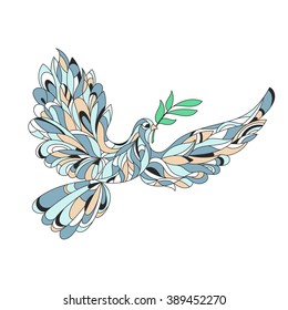 Vector hand drawn illustration of peace dove with olive branch. High details isolated on white background. 