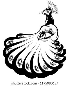 Vector hand drawn illustration of peacock with human eyes isolated . Creative tattoo artwork. Template for card, poster, banner, print for t-shirt, pin, badge, patch.