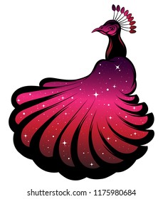 Vector hand drawn illustration of peacock with stars isolated . Creative tattoo artwork. Template for card, poster, banner, print for t-shirt, pin, badge, patch.
