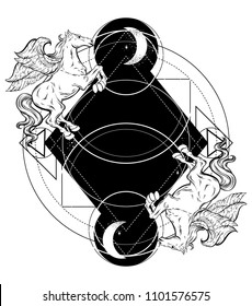 Vector hand drawn illustration of Pegasus  and geometrical composition isolated. Template for card, poster, banner, print for t-shirt, label and badge. 