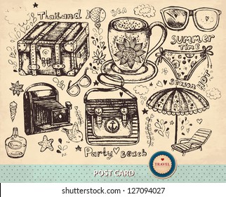 Vector hand drawn illustration. Pencil hand drawn illustration on theme travels