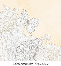 Vector hand drawn illustration with peony and butterfly.