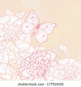 Vector hand drawn illustration with peony and butterfly.