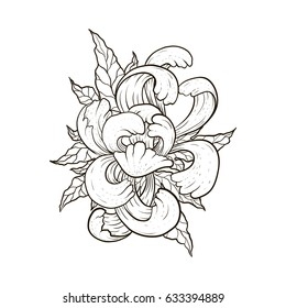 Vector hand drawn illustration with peony flower and leaves in black isolated on white. Floral elements in engraving style.Graphic sketch for tattoo, poster, clothes, t-shirt design, coloring book.