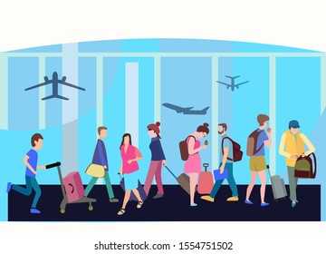 Vector Hand drawn illustration with people walking in airport terminal. Interior Terminal hall with big window flat style. 