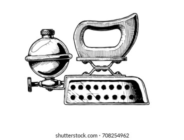 Vector hand drawn illustration of petrol iron. Isolated on white background. Side view.
