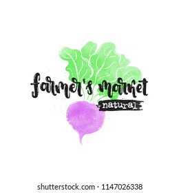Vector hand drawn illustration. Phrases Farmer's market natural  lettering. Idea for poster, postcard.