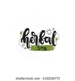 Vector hand drawn illustration. Phrases Herbal tea lettering. Idea for label.