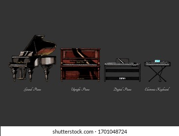 Vector hand drawn illustration of piano types. Grand, Upright (vertical), digital pianos and electronic keyboard. Vintage engraved style. Isolated on black background.  