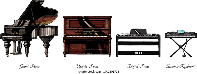 Vector hand drawn illustration of piano types. Grand, Upright (vertical), digital pianos and electronic keyboard. Vintage engraved style. Isolated on white background.  
