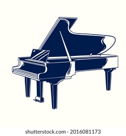 Vector hand drawn illustration of piano in vintage engraved style. Jazz classical music instrument grand piano isolated on white background. Detailed old retro woodcut style drawing