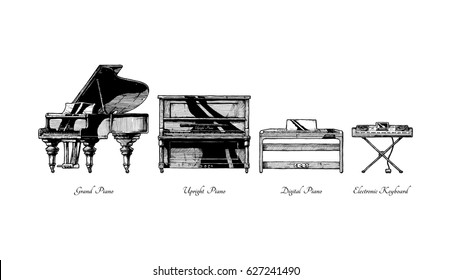 Vector hand drawn illustration of piano types. Grand, Upright (vertical), digital pianos and electronic keyboard. Isolated on white background.  