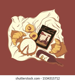 Vector hand drawn illustration of picnic set isolated. Creative artwork. Template for card, poster, banner, print for t-shirt, pin, badge, patch.