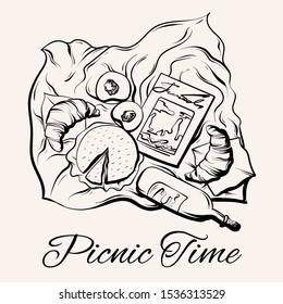 Vector hand drawn illustration of picnic set isolated. Creative artwork. Template for card, poster, banner, print for t-shirt, pin, badge, patch.