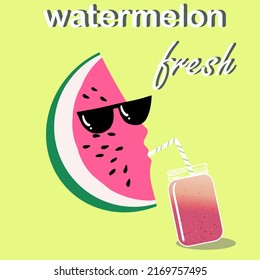 Dibujo a mano vectorial pieza de sandía en gafas toca bebidas sandía fresca, verano, bebida orgánica.