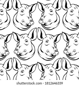 Ilustración de la cabeza de cerdo dibujada a mano por vectores. Obra artística de tatuajes. Plantilla para tarjeta, afiche, banner, imprimir para camiseta, pin, insignia, parche.