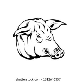Vector hand drawn illustration of pig's head. Tattoo artwork. Template for card, poster, banner, print for t-shirt, pin, badge, patch.