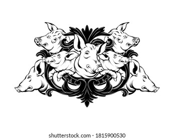 Vector hand drawn illustration of pigs with baroque frame isolated. Creative tattoo artwork. Template for card, poster, banner, print for t-shirt, pin, badge, patch.