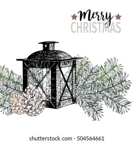 Vector hand drawn illustration of pine tree branches, cones and lantern. Christmas engraved art decoration. Use for greeting card, party, invitation, gift package, celebration, menu, design. 