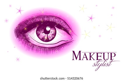 Vector hand drawn illustration of pink women eye. Concept for beauty salon, cosmetics label, cosmetology procedures, visage and makeup.