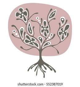 Vector hand drawn illustration, pink decorative ornamental stylized tree. graphic illustration isolated on the white background. Hand drawing silhouette. Decorative artistic abstract branch